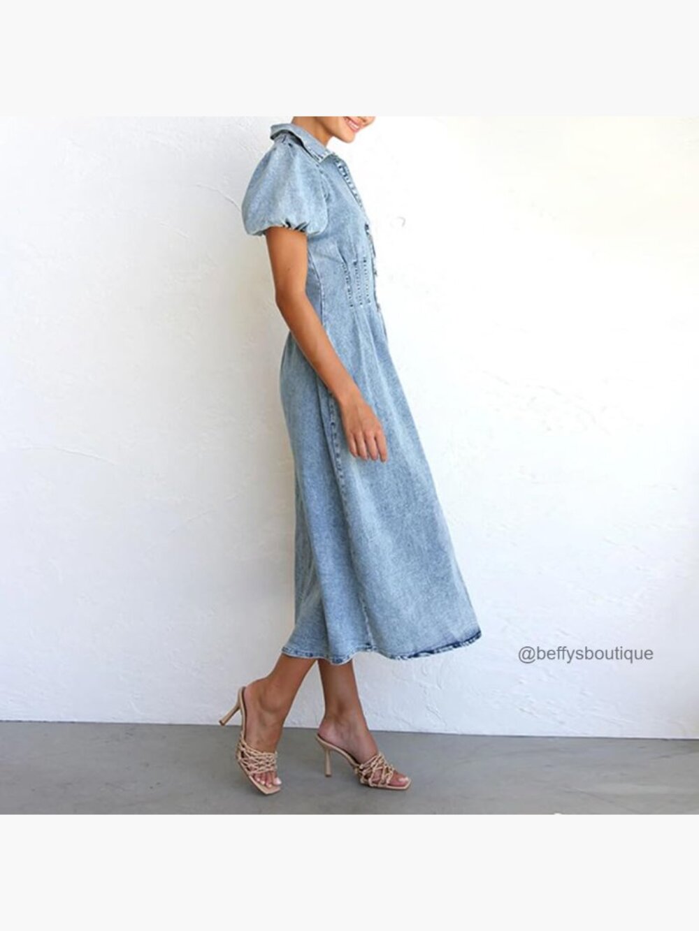 Women's Long Denim Dress Puff Sleeve Button Down Casual Slim Fit Midi Jean - Picture 6 of 7